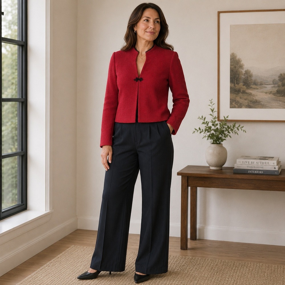 Vintage St John Evening Marie Gray Jacket Santana Knit Cropped Red Women's 8
